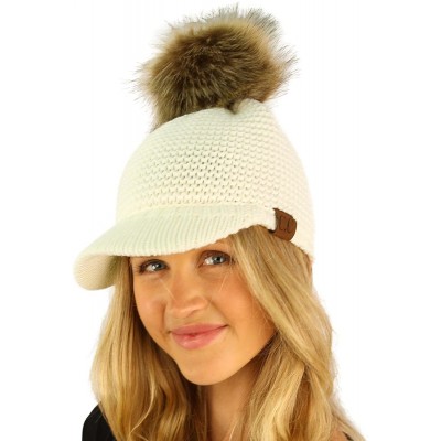 Skullies & Beanies Fur Pom Pom Visor Bill UV Sun Thick Stretchy Knit Beanie Skully Cap Hat - Ivory - CE12KAN18QR $11.91