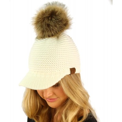 Skullies & Beanies Fur Pom Pom Visor Bill UV Sun Thick Stretchy Knit Beanie Skully Cap Hat - Ivory - CE12KAN18QR $11.91