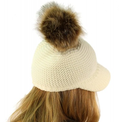 Skullies & Beanies Fur Pom Pom Visor Bill UV Sun Thick Stretchy Knit Beanie Skully Cap Hat - Ivory - CE12KAN18QR $11.91