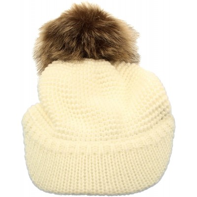 Skullies & Beanies Fur Pom Pom Visor Bill UV Sun Thick Stretchy Knit Beanie Skully Cap Hat - Ivory - CE12KAN18QR $11.91