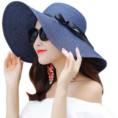 Sun Hats Women's Big Brim Sun Hat Floppy Foldable Bowknot Straw Hat Summer Beach Hat UPF 50+ - A-blue - CW18D9C8G69 $11.76