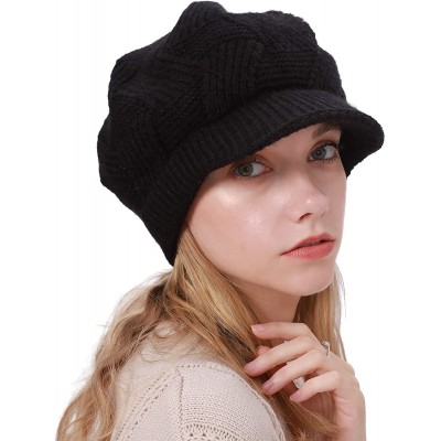 Skullies & Beanies Women Winter Warm Hat Slouchy Cable Knit Visor Crochet Beanie Hats Snow Ski Skull Cap with Brim Black - CG...