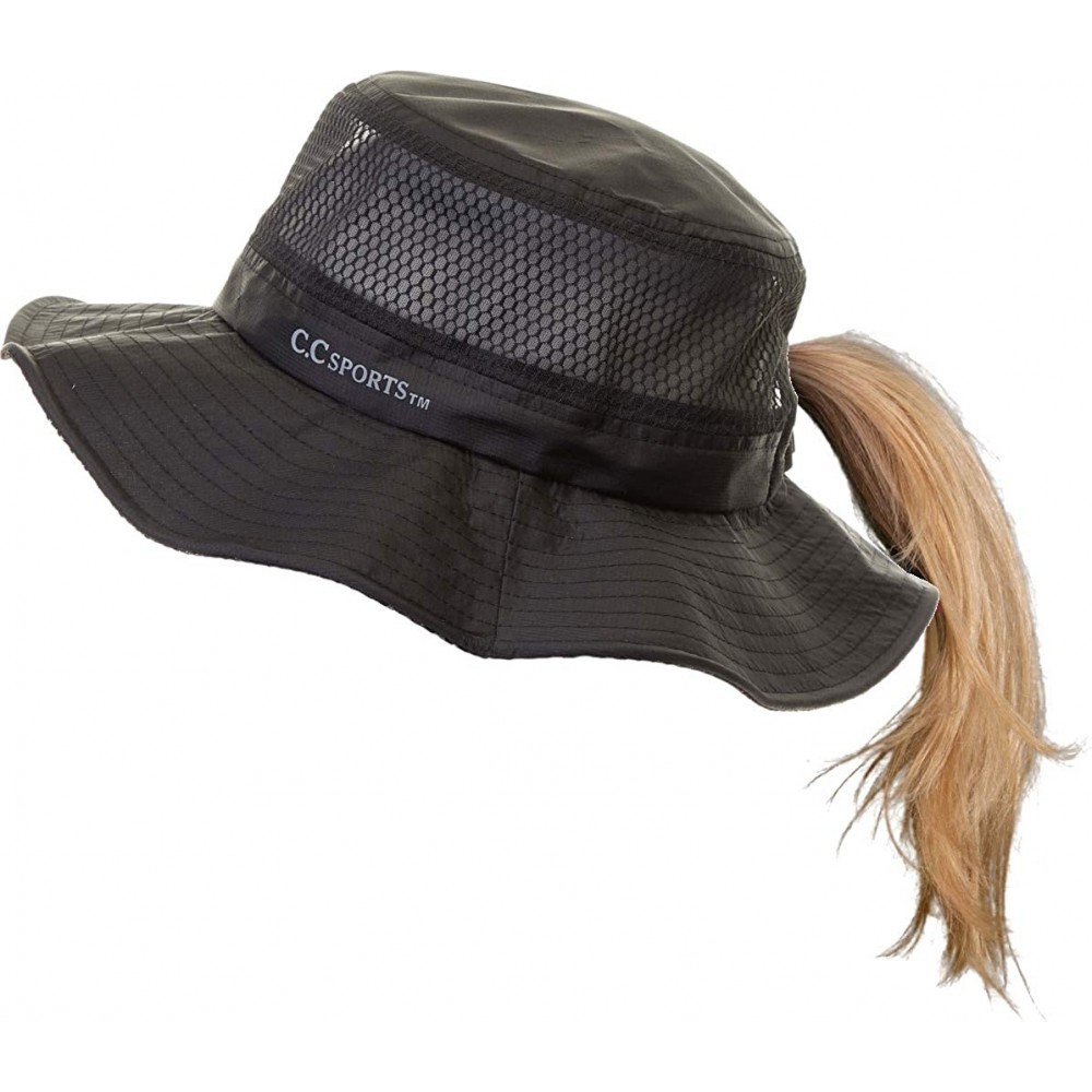 Sun Hats Ponytail Bucket Hat UPF 50+ Messy Bun Sun Hat Wide Brim Mesh Cap - Black W/ Removable Chin Strap - C41975W5U8G $17.02