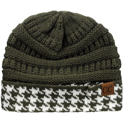 Skullies & Beanies Cable Knit Soft Stretch Multicolor Houndstooth Stitch Cuff Skully Beanie Hat - Houndstooth Dark Olive - C2...