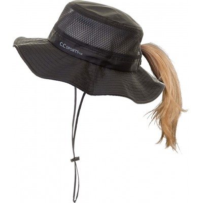 Sun Hats Ponytail Bucket Hat UPF 50+ Messy Bun Sun Hat Wide Brim Mesh Cap - Black W/ Removable Chin Strap - C41975W5U8G $17.02