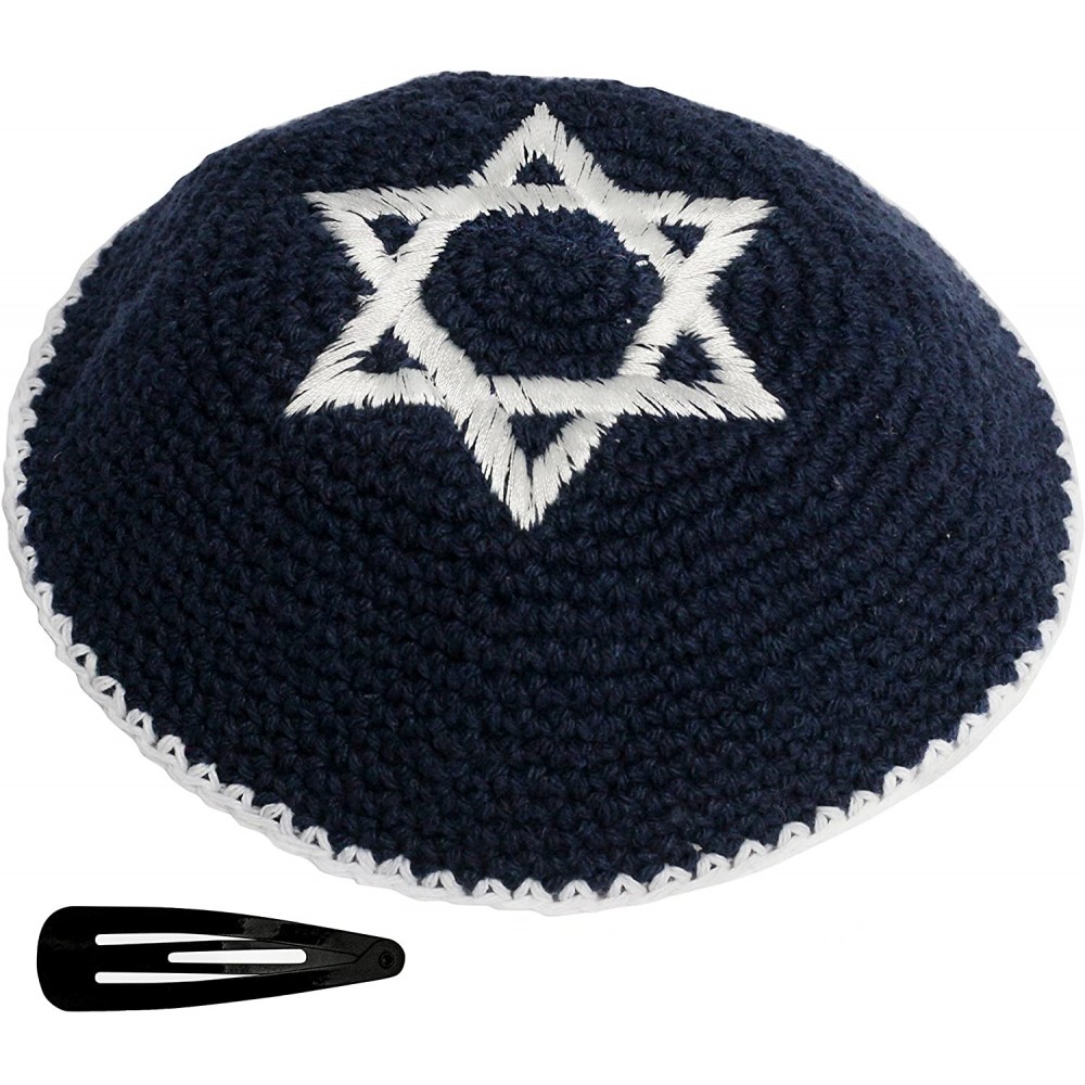 Skullies & Beanies Star of David Jewish KippahHatFor Men & Kids with Clip Beautifully Knitted - Dark Blue & White - CS1880CIE...