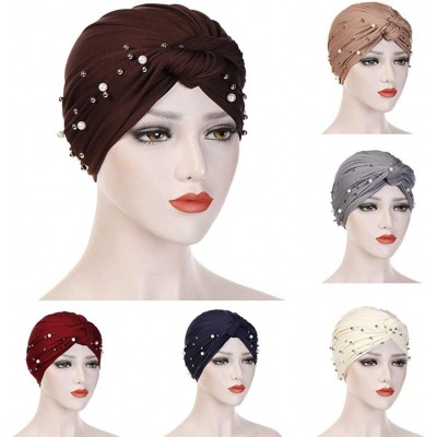 Skullies & Beanies Women Pearl Beading Chemo Turban Headband Scarf Beanie Cap Hat India Hat Turban Wrap Cap - Khaki - CN18TUU...