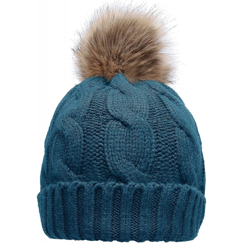 Skullies & Beanies Women's Winter Ribbed Knit Faux Fur Pompoms Chunky Lined Beanie Hats - A Twist Teal - CS184ROM4NY $11.14