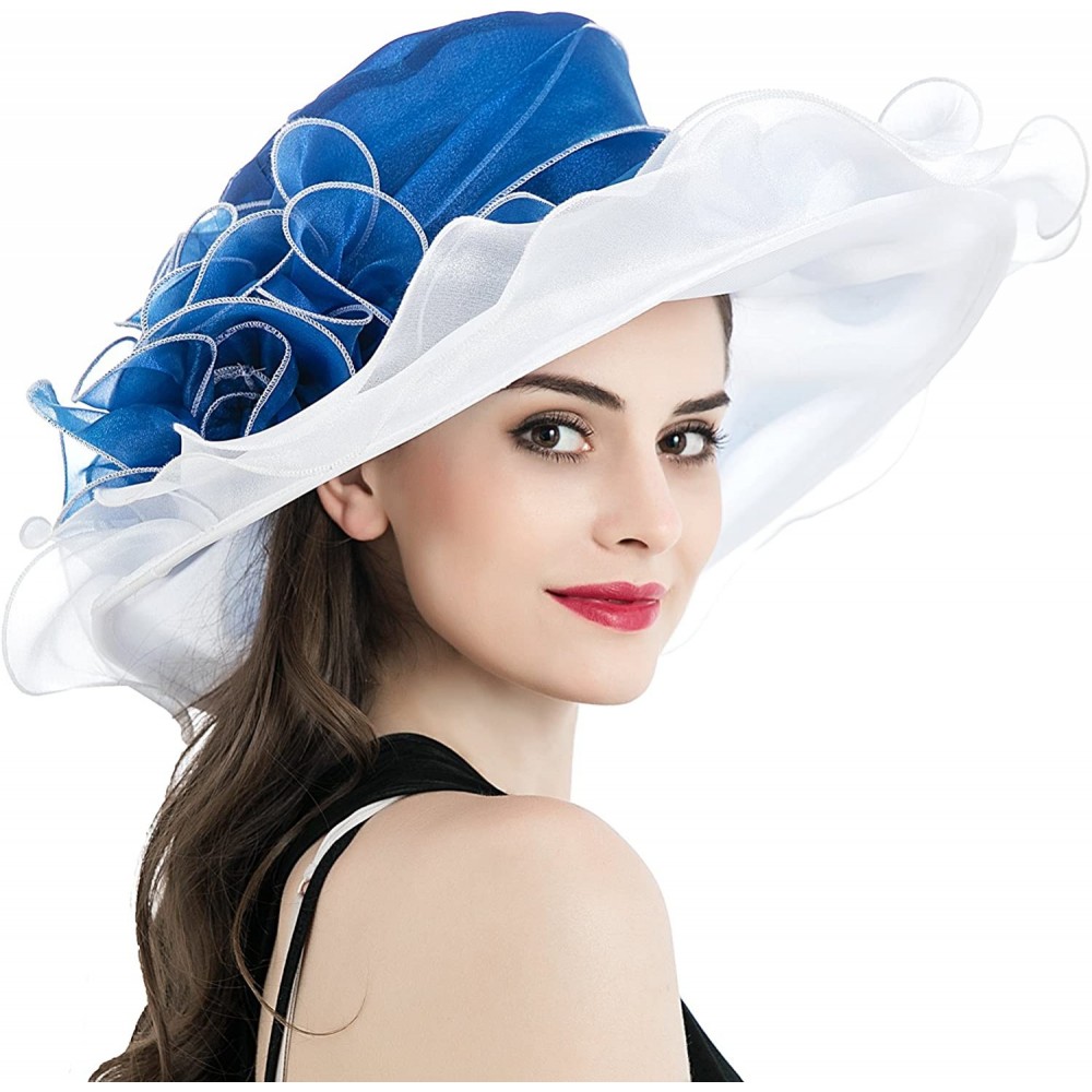 Sun Hats Women's Kentucky Derby Church Summer Organza Wide Brim Party Wedding Hat - White and Blue - CB12O6K3GBU $20.12