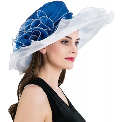 Sun Hats Women's Kentucky Derby Church Summer Organza Wide Brim Party Wedding Hat - White and Blue - CB12O6K3GBU $20.12