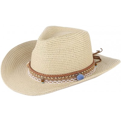 Sun Hats Cowboy Cowgirl Floppy Sun Hat Fedora Straw Wide Brim Bucket Beach Cap - Beige - CZ18D63O9U6 $14.01