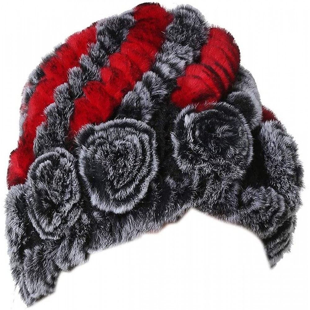 Skullies & Beanies Womens Winter Hats Rex Rabbit Fur Flower Design Real Fur Hats Russian Cap - Red Grey - C518GR7Z30E $23.65