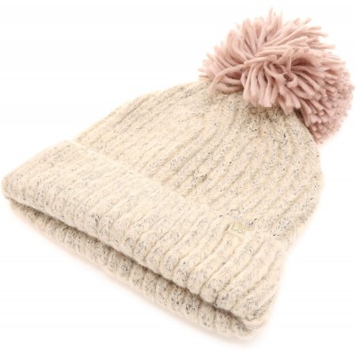 Skullies & Beanies Women's Winter Ribbed Knit Soft Warm Chunky Stretchy Beanie hat with 5" Large Pom Pom - Beige/ Rusty Pink ...