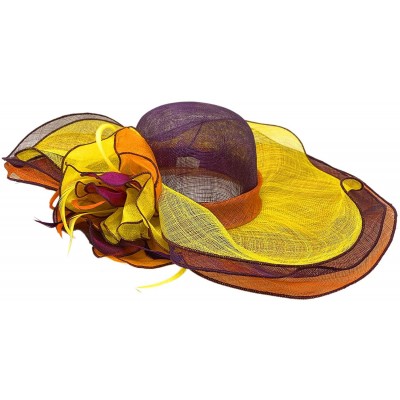 Sun Hats Summer Kentucky Derby Side Flip 7" Brim Layer Floppy Flower Feathers Hat - Purple - CA1969KCROS $39.32