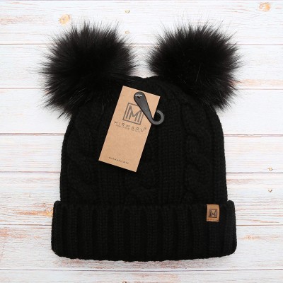 Skullies & Beanies Women's Winter Cable Knitted Faux Fur Double Pom Pom Beanie Hat with Plush Lining. - Black With Logo - CA1...